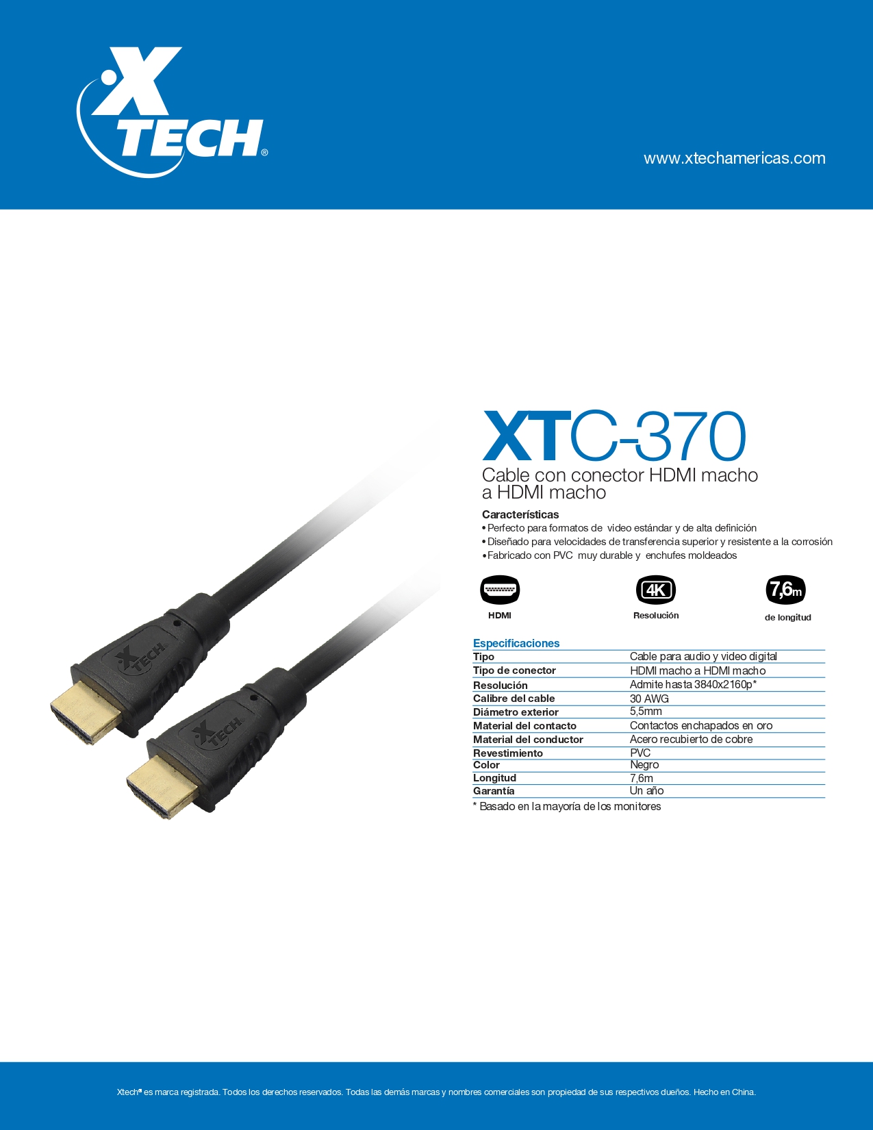 Cable HDMI macho/macho Xtech 7,6 metros - Techbox